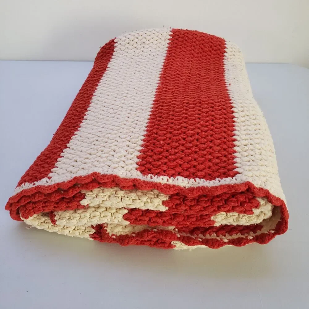 Vintage Afghan Throw Blanket Orange White Striped Fall Halloween MCM